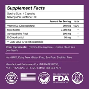 intimate rose myo and d chiro inositol with ashwagandha and vitamin d | 40:1 ratio of myo & d chiro inositol | hormonal, ovarian & reproductive support | 120 capsules; exp 07/2027