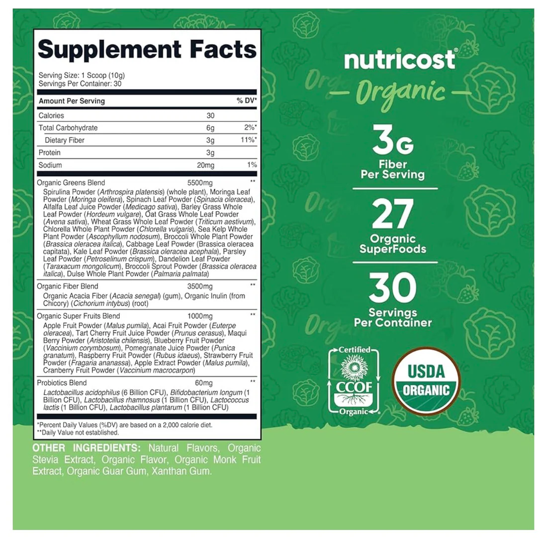 nutricost organic super greens powder | 30 servings | superfood drink mix | unflavored ~ 11oz/309g; exp 09/2028 nutricost organic super greens powder | 30 servings | superfood drink mix | unflavored ~ 11oz/309g; exp 09/2028
